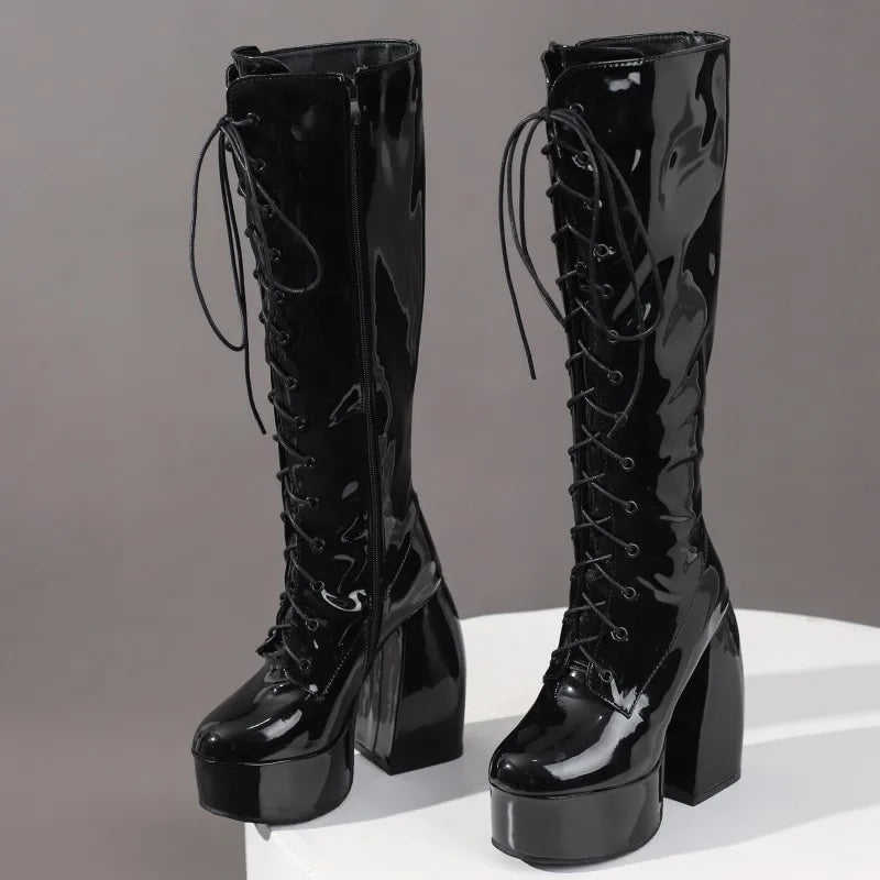 Sexy Lace Up Platform Long Boots Women Thick Gothic Heels High Knee Boot Winter Red Black Green Fetish Party Shoes Large Size 48