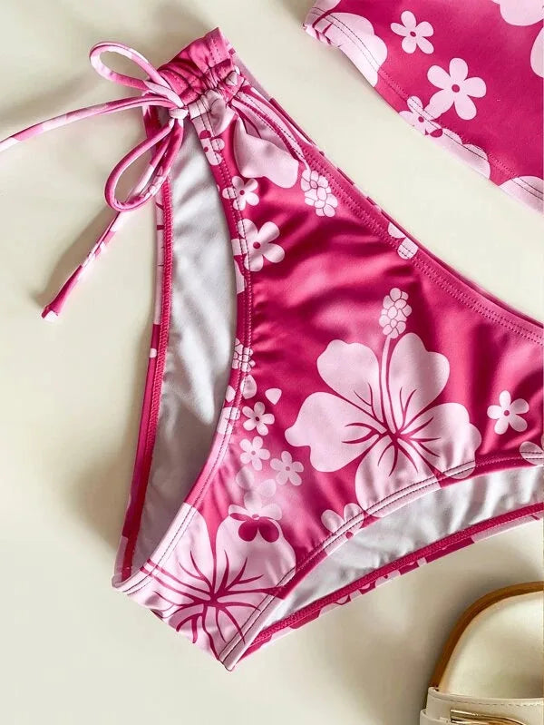 Costume da bagno sexy con stampa floreale gialla Set da donna Halter Push Up Crop Top Costume da bagno 2025 Costume da bagno da spiaggia con lacci Costumi da bagno a vita alta