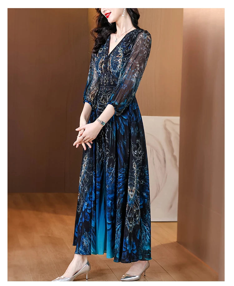 Vacanza primaverile Boho Beach Hepburn Maxi Abiti 2025 Stampa vintage da donna Elegante abito da sera estivo in seta di lusso
