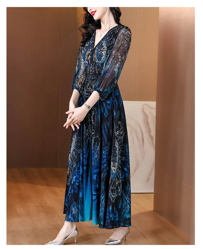 Vacanza primaverile Boho Beach Hepburn Maxi Abiti 2025 Stampa vintage da donna Elegante abito da sera estivo in seta di lusso