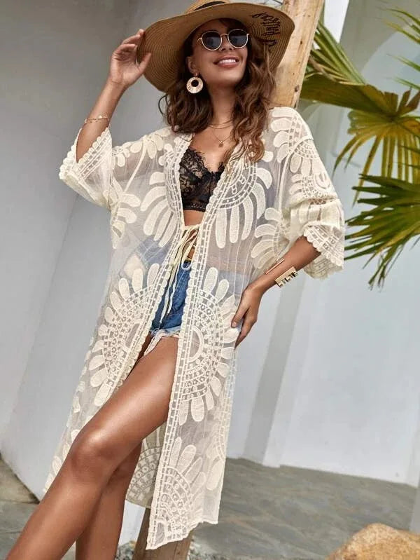 WeHello Summer Beach Poncho in rete per donna Costume da bagno in pizzo Kimono aperto Beachwear Camicetta in pizzo Cardigan Vacanza Copertine sexy