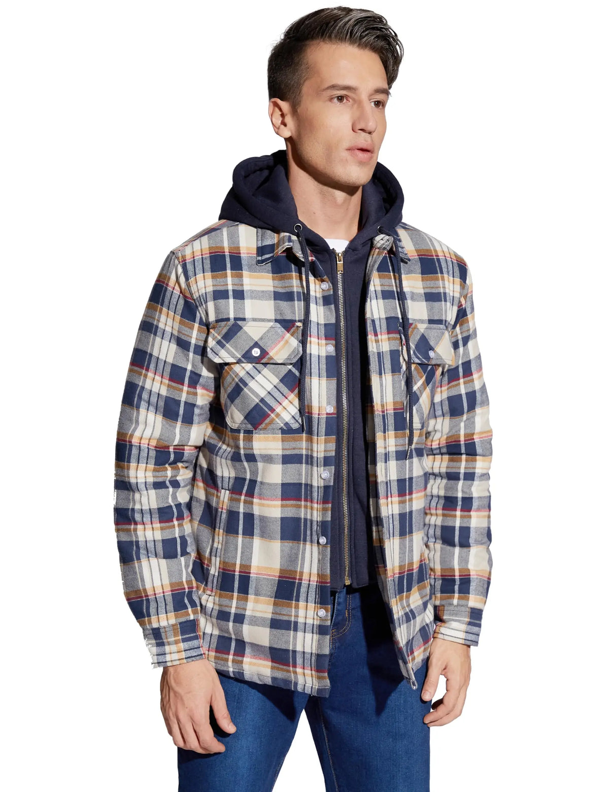 TACVASEN camicia di flanella da uomo giacca con cappuccio rimovibile Plaid trapuntato foderato cappotti invernali felpa con cappuccio spessa Outwear uomo camicie in pile