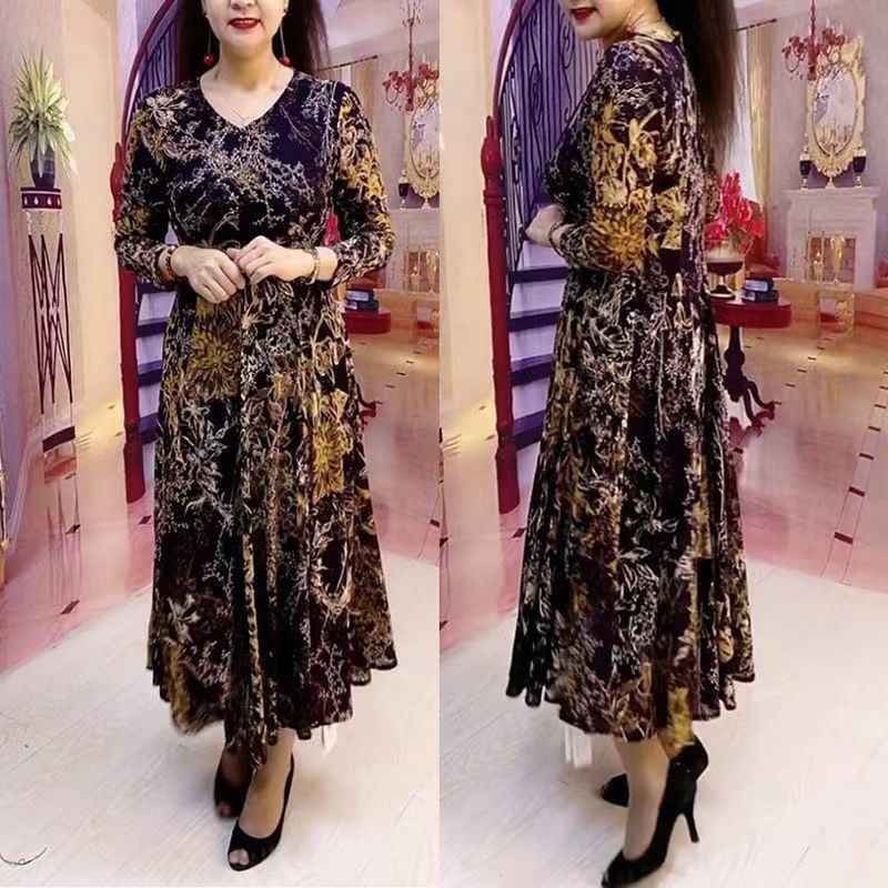 Abito lungo stampato floreale moda casual Abbigliamento femminile Elegante scollo a V Primavera Autunno A-Line Vita Abiti vintage a maniche lunghe