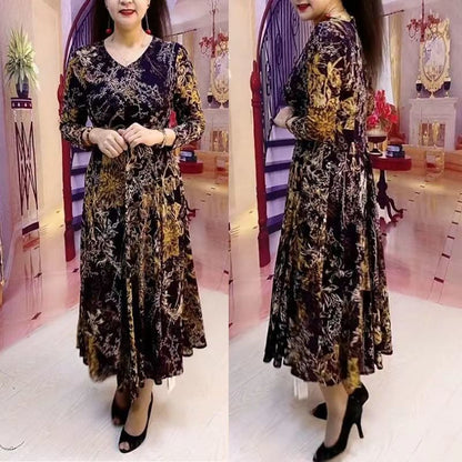 Abito lungo stampato floreale moda casual Abbigliamento femminile Elegante scollo a V Primavera Autunno A-Line Vita Abiti vintage a maniche lunghe