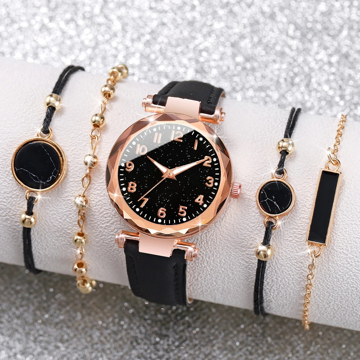 5 pezzi/set braccialetti per orologi da donna set orologio al quarzo con cinturino in pelle con quadrante cielo stellato alla moda