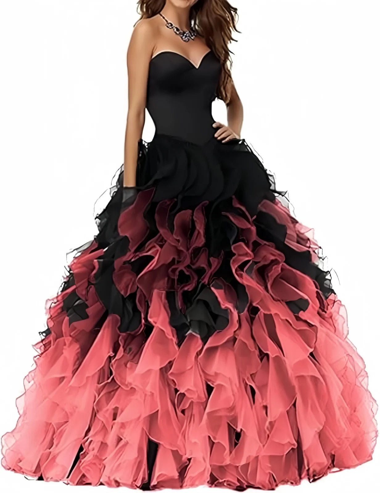 Abito Quinceanera in organza senza spalline con volant Abiti da ballo Abito da ballo lungo gonfio con scollo a cuore Ombre Abito da cocktail da sposa