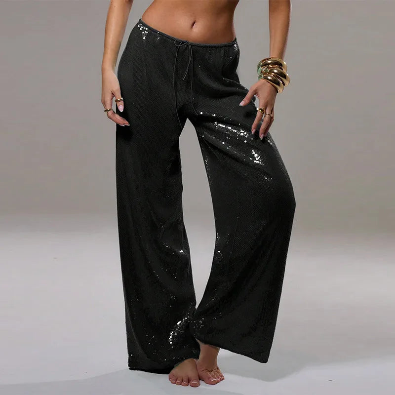 Pantaloni da donna con paillettes, vita bassa elastica, gamba larga, con lacci, estivi 2026, lucidi, vestibilità ampia, per club e feste
