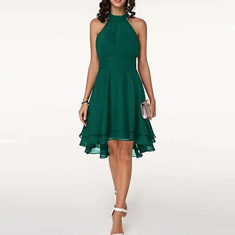 Summer Sexy Women Halter Tierred Ruffle Chiffon Mini Dress Elegant Office Lady Corset Irregular A-line Guest Evening Party Dress