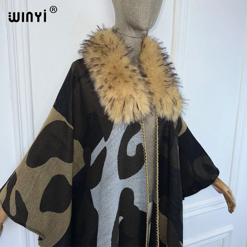 WINYI Africa Collo in pelliccia artificiale Cardigan invernale maxi kimono vestito da festa abaya dubai luxur abiti invernali per donna piumino
