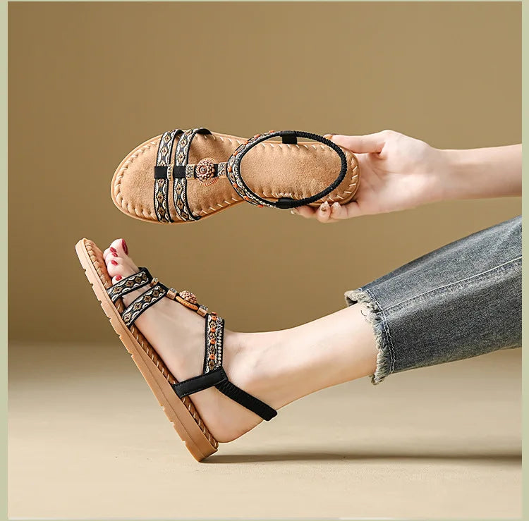 Elegante Damen-Sommersandale im Bohemian-Stil, rutschfest, bequem, für Alltag, Urlaub, flache Strandschuhe