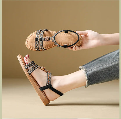 Elegante Damen-Sommersandale im Bohemian-Stil, rutschfest, bequem, für Alltag, Urlaub, flache Strandschuhe
