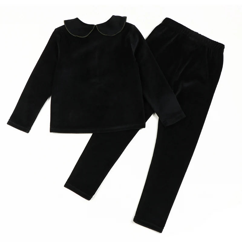 Abbigliamento invernale per neonati e bambini, set invernale da 2 pezzi per bambine, pantaloni per bambini, vestiti per bambine in velluto nero con collo verde.