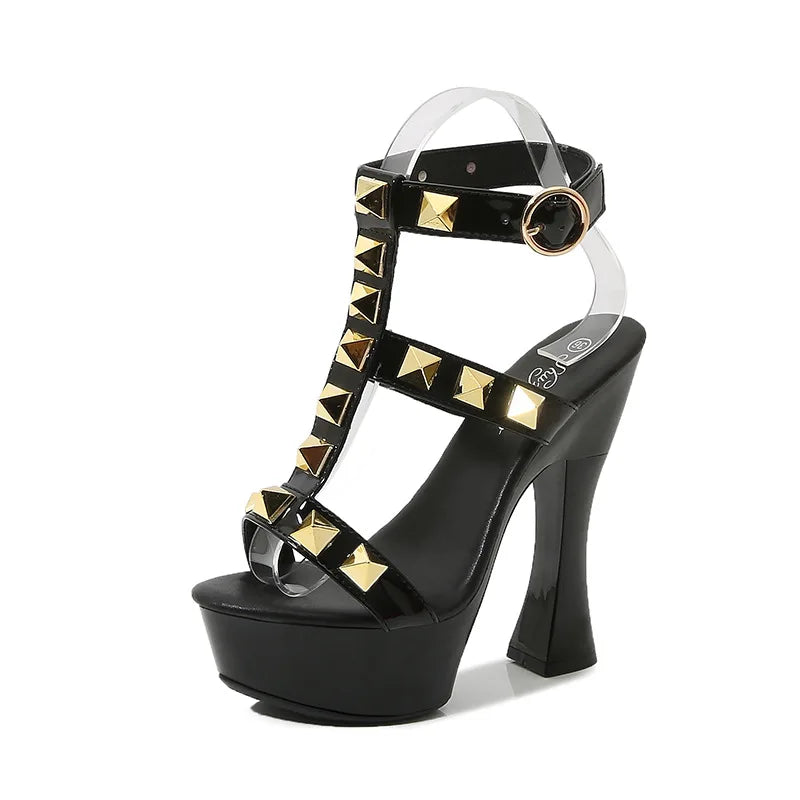 New Rivet Designer High Heels 2025 Fashion Thick Platform Club Women Pumps Sexy Summer Models Sandals White Black Red Woman Shoe