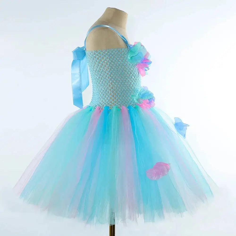 Costumi da fata dei fiori turchese per ragazze Abiti da principessa fata farfalla con ali Bacchetta per bambini Vestito da tutù di carnevale di Halloween