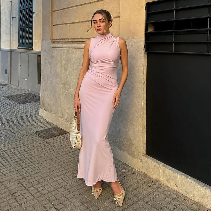 Abito da donna solido pieghettato O collo Slim Hip Package abiti lunghi da donna 2024 moda senza maniche Summer Evening Party abito femminile