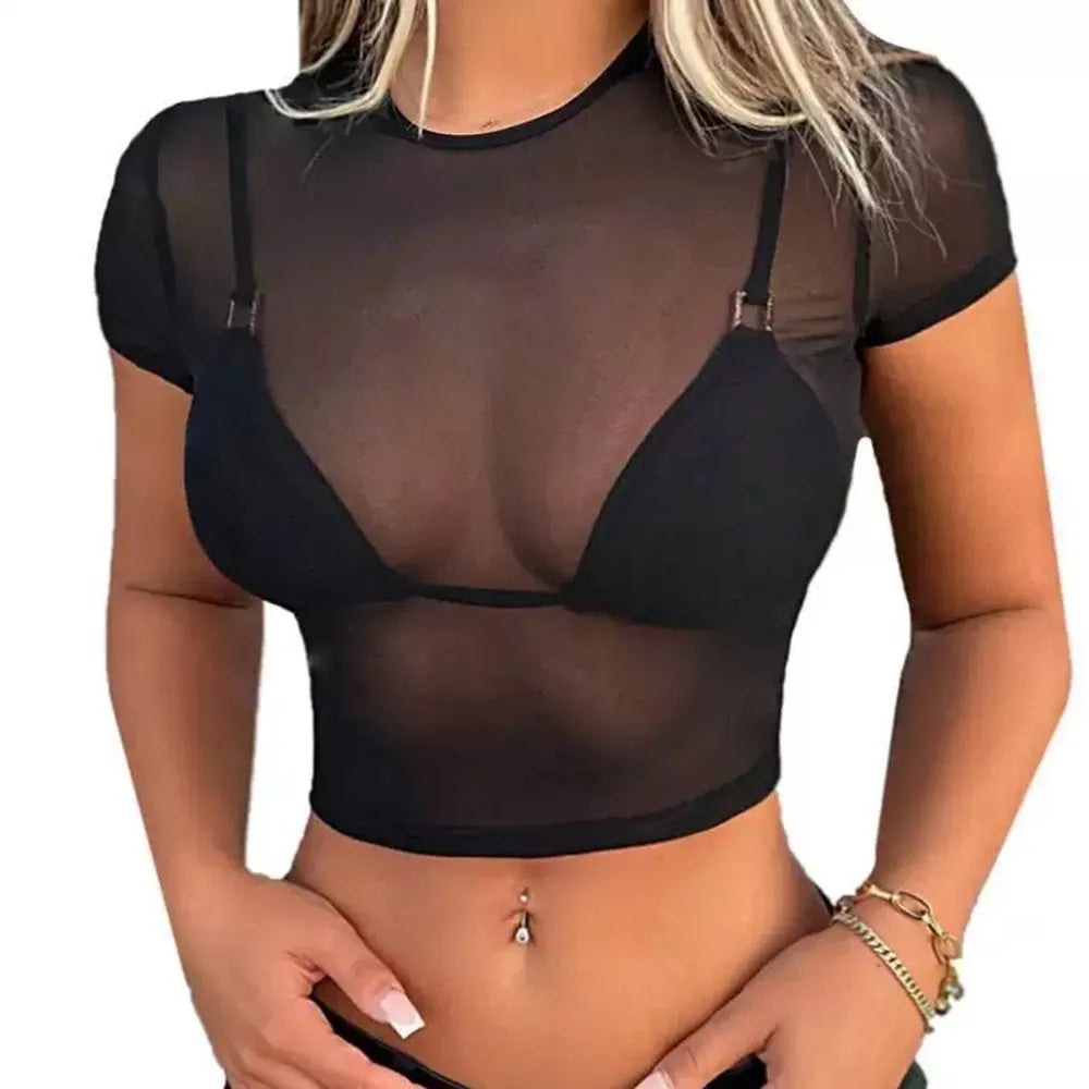 Hauts de maillot de bain d'été pour femmes, sexy, bikini, maille, t-shirt court, vêtements de plage, hauts courts serrés, t-shirt noir, blanc, chemisier Y2K