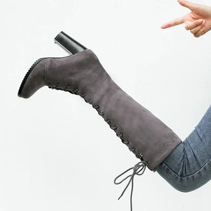 Knee-high Boots Woman Fashion Round Toe High Heeled Thigh High Boots Female Winter Warm Long Boots Grey Black Size 34-43