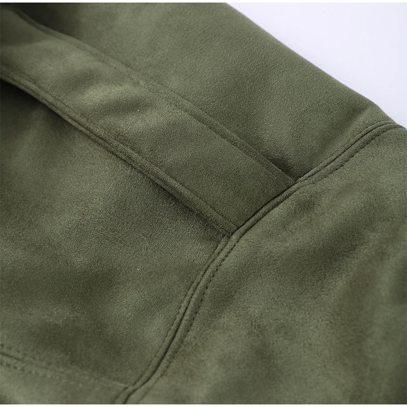 Giacche Eleganti in Camoscio Verde con Lacci per Donne, Modello Ampio con Colletto Alto, Cintura, Maniche Lunghe e Bottoni, Cappotti Autunno Inverno 2026 per Signore