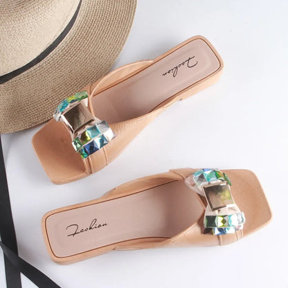 Claques d'été une pièce, nouvelles sandales de plage tendance à strass de couleur unie, chaussures plates décontractées pour femmes