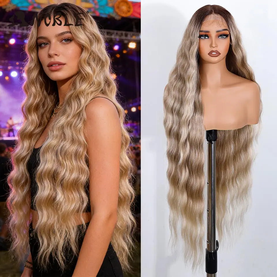 Noble Synthetic Lace Front Wig 36 " Long Wavy Lace Part Body Wavy Golden Wig For Women Lace Front Wig Ombre Blonde Cosplay Wig