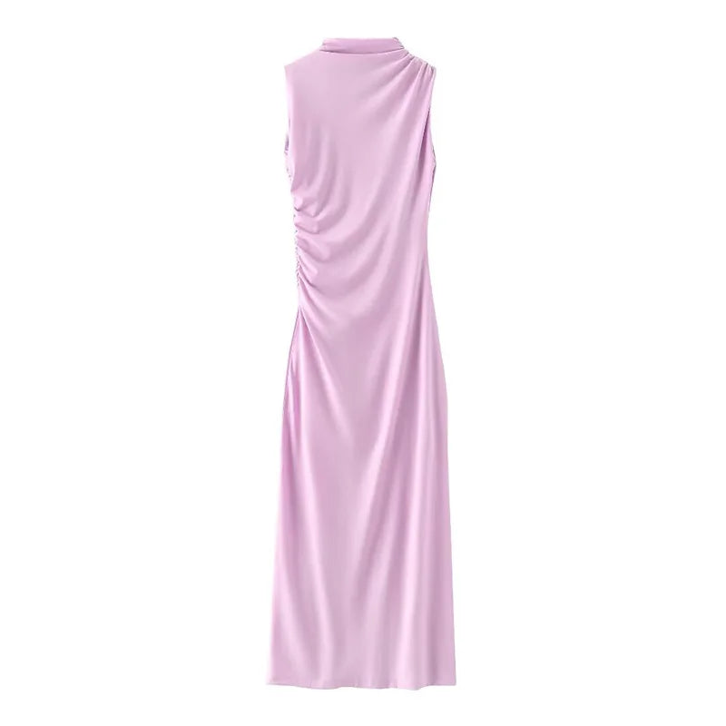 Abito da donna solido pieghettato O collo Slim Hip Package abiti lunghi da donna 2024 moda senza maniche Summer Evening Party abito femminile