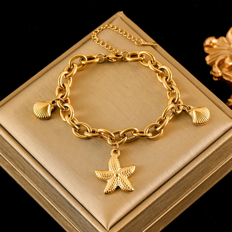 EILIECK Bracciale con ciondolo stella marina luna stella color oro in acciaio inossidabile 316L per le donne Nuovo regalo di gioielli con catena da polso alla moda