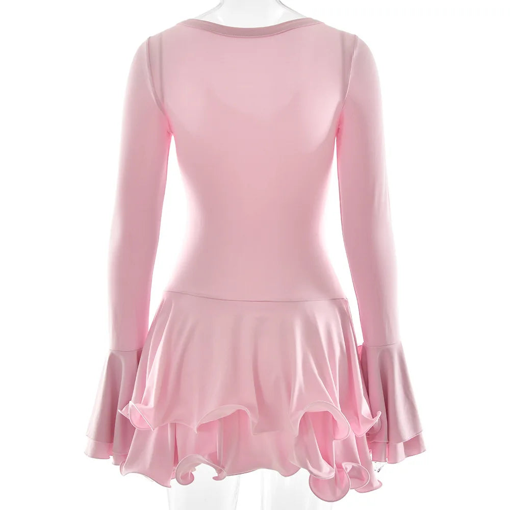 Abito corto sexy con volant patchwork bianco nero Abito corto da donna con maniche lunghe svasate con lacci Mini abiti da festa da sera Donna Blu Rosa Rosso