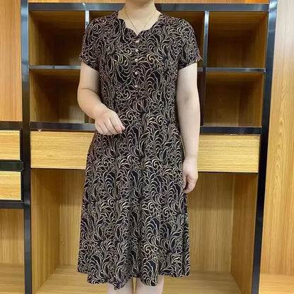 Abito estivo nuovo 2024 Abito classico da donna retrò Stampa Abito casual a maniche corte Moda Plus Size Fiore