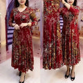 Langes Kleid mit Blumendruck, lässige Mode, Damenbekleidung, eleganter V-Ausschnitt, Frühling, Herbst, A-Linie, Taille, Vintage-Kleider mit langen Ärmeln