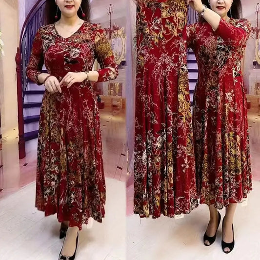 Abito lungo stampato floreale moda casual Abbigliamento femminile Elegante scollo a V Primavera Autunno A-Line Vita Abiti vintage a maniche lunghe