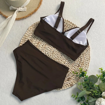 swimsuit ladies Women's High Waist  Bikini Sets Sporty Two Piece Swimsuits Solid Colors High Cut Bathing Suits Women Bikini Sets