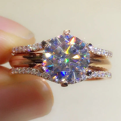Huitan Anelli unici color oro rosa per le donne Classici 6 artigli progettati Anelli con zirconi cubici Fasce di fidanzamento per matrimoni Gioielli caldi