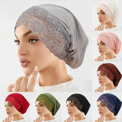 Berretto Hijab in pizzo stile malese, sottopelo traspirante per donne musulmane, copricapo elegante per la preghiera quotidiana
