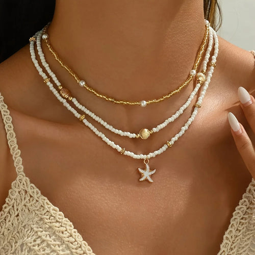 Girocollo impilato con perline fatte a mano bohémien, delicato collana con ciondolo a conchiglia di stelle marine, gioielli da donna per feste estive in spiaggia