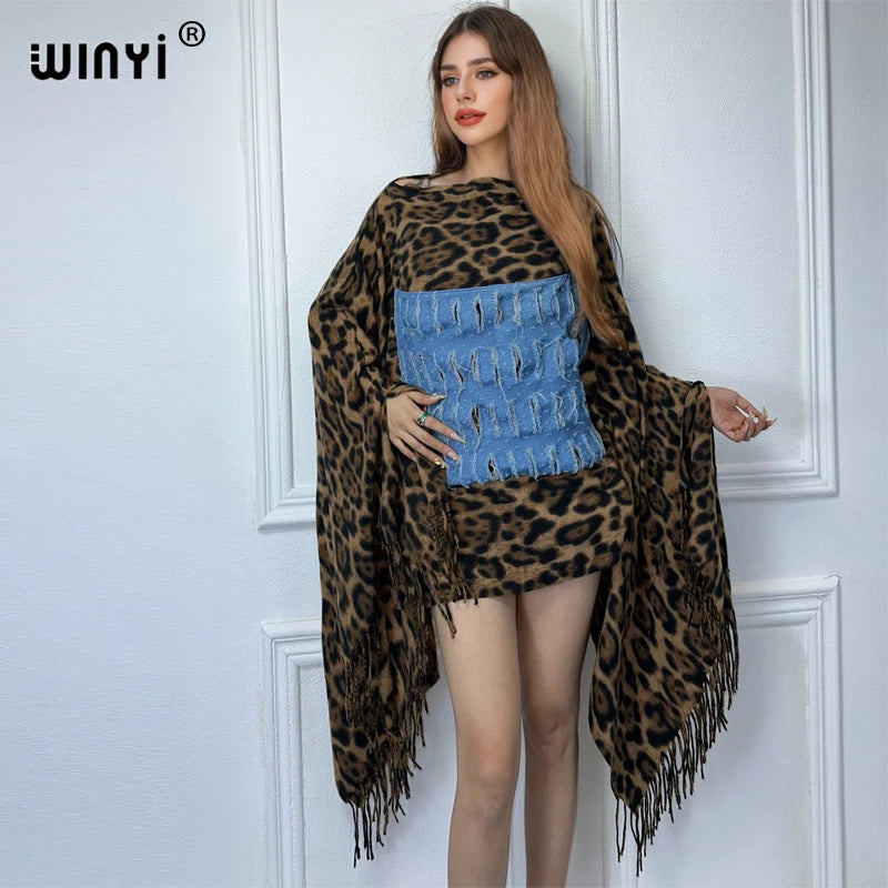 WINYI originato leopardo inverno Denim patchwork moda Abito da vacanza poncho top poncho da festa per donna mantello maxi capispalla