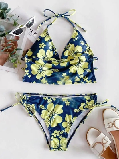 Cikini - Damen Neckholder-Bikini-Set mit Blumenmuster, zweiteiliger Badeanzug, sexy Bademode, Strandbadeanzug, Sommer