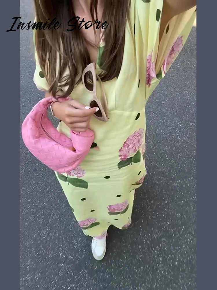 Abito da donna stampato a fiori casual Abito lungo femminile allentato a maniche corte con scollo a V profondo 2025 Primavera Estate Nuova moda Lady Robe