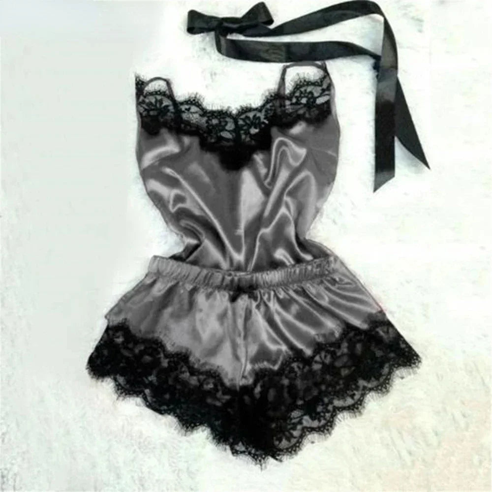 Ensemble de pyjama d'été en dentelle et soie pour femme, nuisette sexy avec caraco et short, ensemble confortable et décontracté