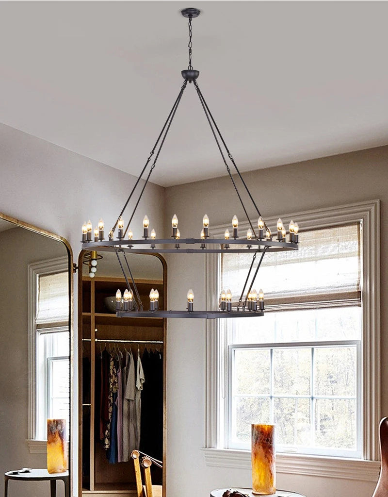 American Wagon Wheel Chandelier light Retro Industrial Candle Large Hanging lamp For Cafe Restaurant Bar Round Ceiling Lamp