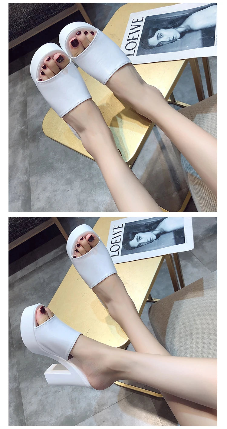 Aphixta 2025 Estate 7 centimetri Tacchi Grossi Presentazioni Aziende Produttrici Giochi Donne Ciabatte Design Bianco Pantofole Della Piattaforma Sandalo Fresco Peep Toe Scarpe Femminili