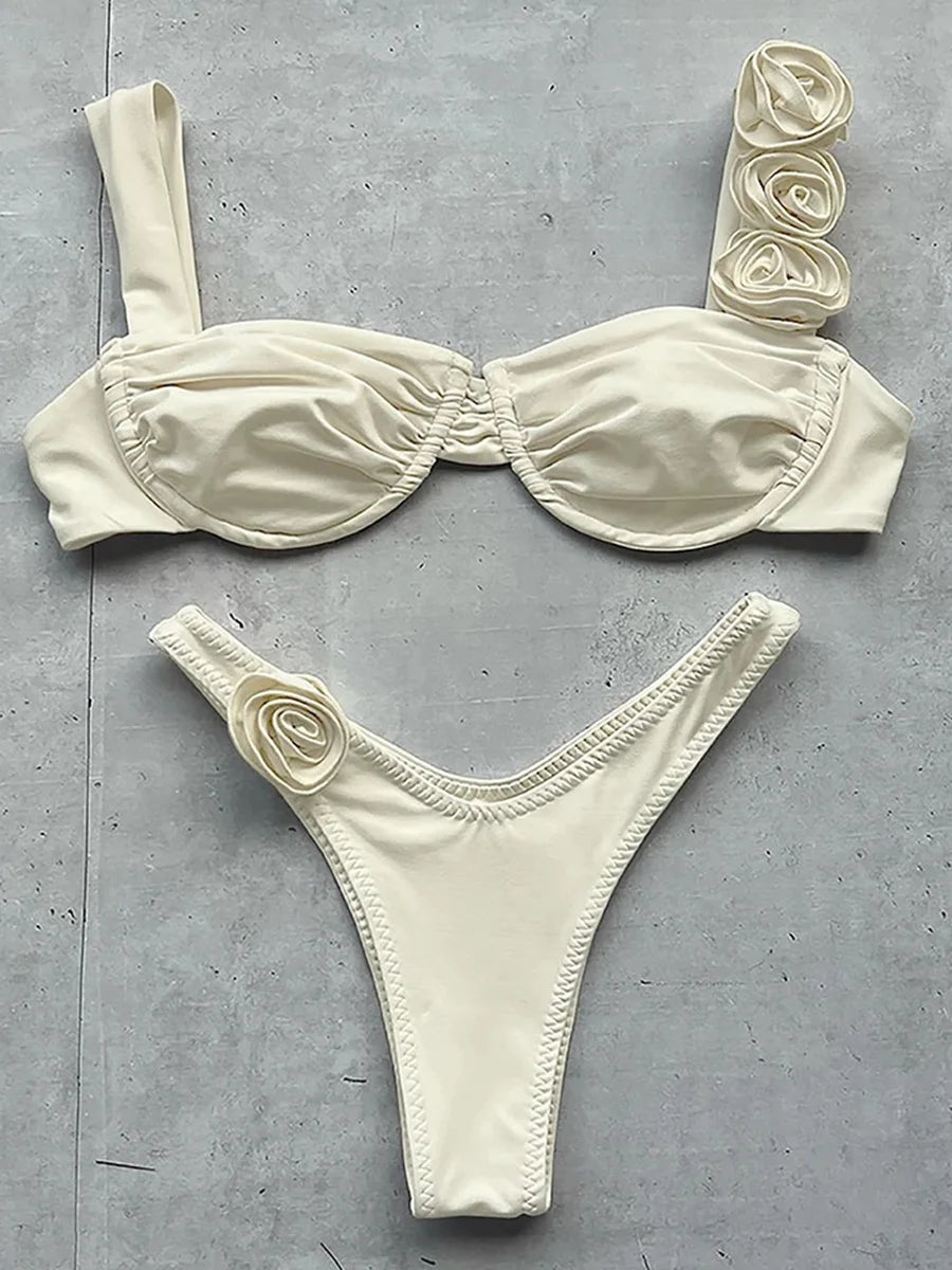 Sexy 3D Fiori con ferretto Bikini brasiliano Costumi da bagno donna Costume da bagno femminile Bikini a due pezzi Costume da bagno a triangolo Swim Lady