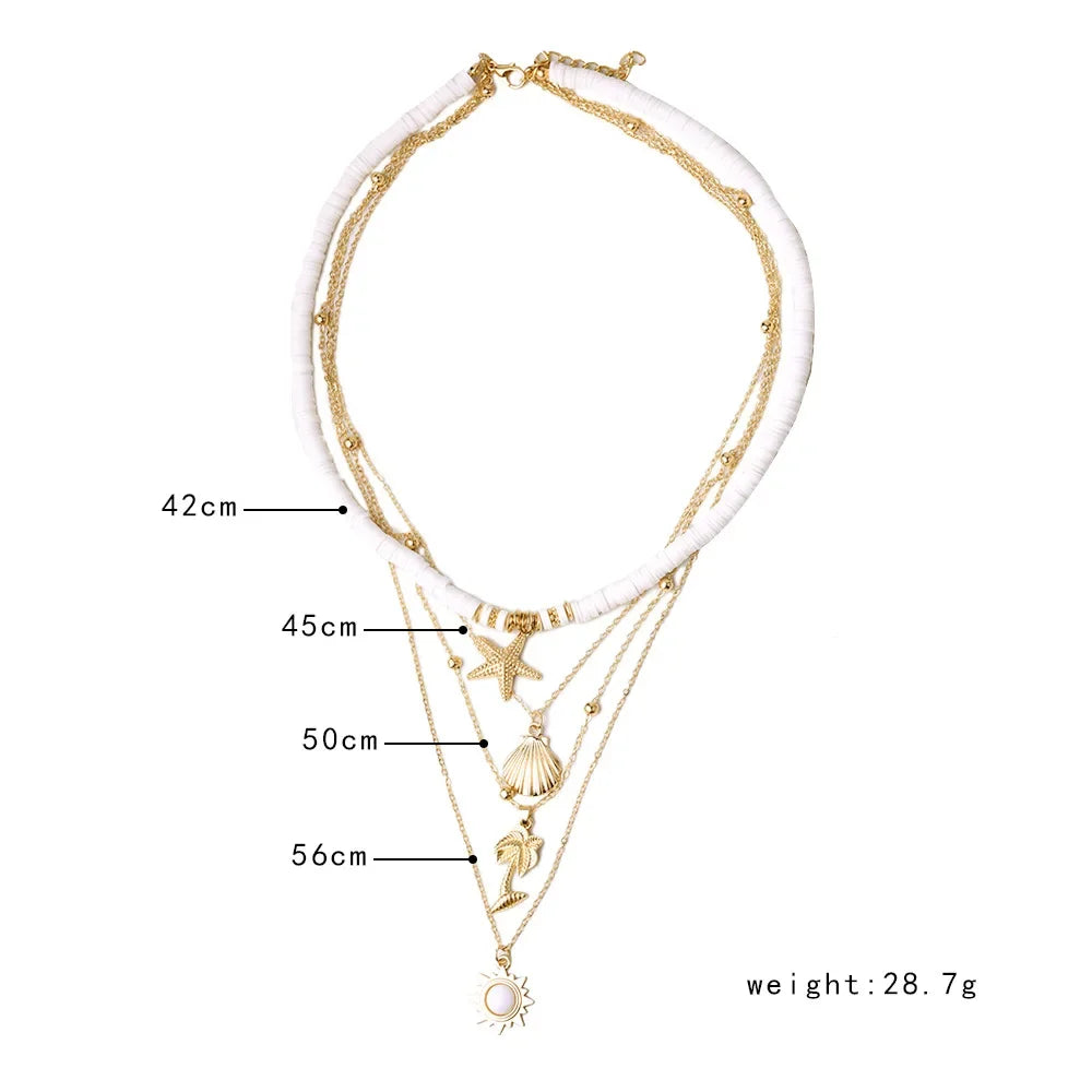 Collier de bijoux de plage d'été bohème tendance pour femmes, pendentif étoile de mer et coquillage en poterie douce, style vintage, multicouche, ras-de-cou, cadeaux