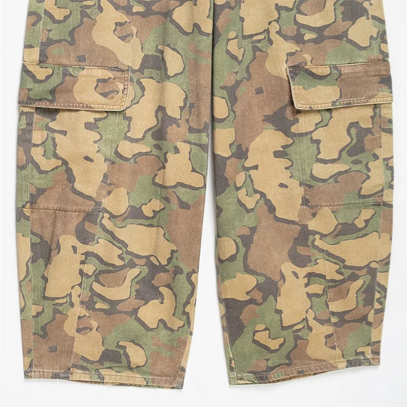 Pantaloni da donna con stampa mimetica, vita con coulisse, gamba larga, taglio ampio, orlo con coulisse, vestibilità comoda, pantaloni casual, streetwear, nuova moda 2026