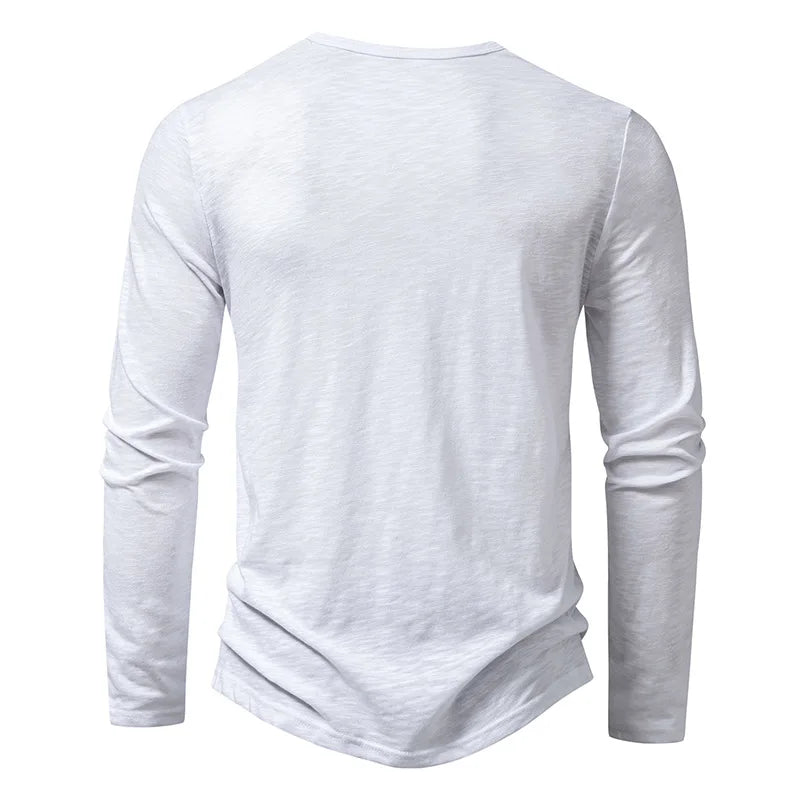Camicia da uomo in cotone con bottoni e collo a Henley, manica lunga, bottoni casual, tinta unita, magliette alla moda