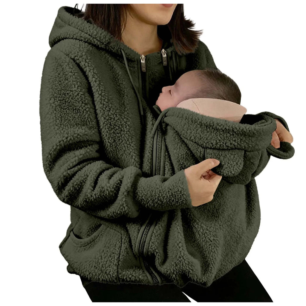 Cappotto con cappuccio in caldo pile 2 in 1 con marsupio Felpa in peluche a maniche lunghe in pelliccia sintetica Giacca con cappuccio per mamma all'aperto Borsa per bambini