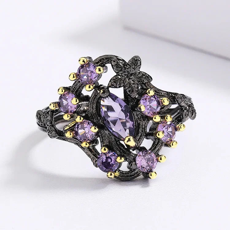 925 Silver Elegant Women's Jewelry Three-piece Set Black Gold Purple Zircon Flowers Jewelry Women's Ring Necklace Earrings