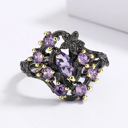 925 Silver Elegant Women's Jewelry Three-piece Set Black Gold Purple Zircon Flowers Jewelry Women's Ring Necklace Earrings
