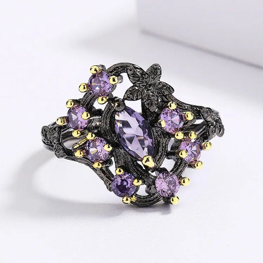 Bijoux en argent 925 élégants pour femmes Ensemble trois pièces Or noir Zircon violet Fleurs Bijoux Bague Collier Boucles d'oreilles pour femmes