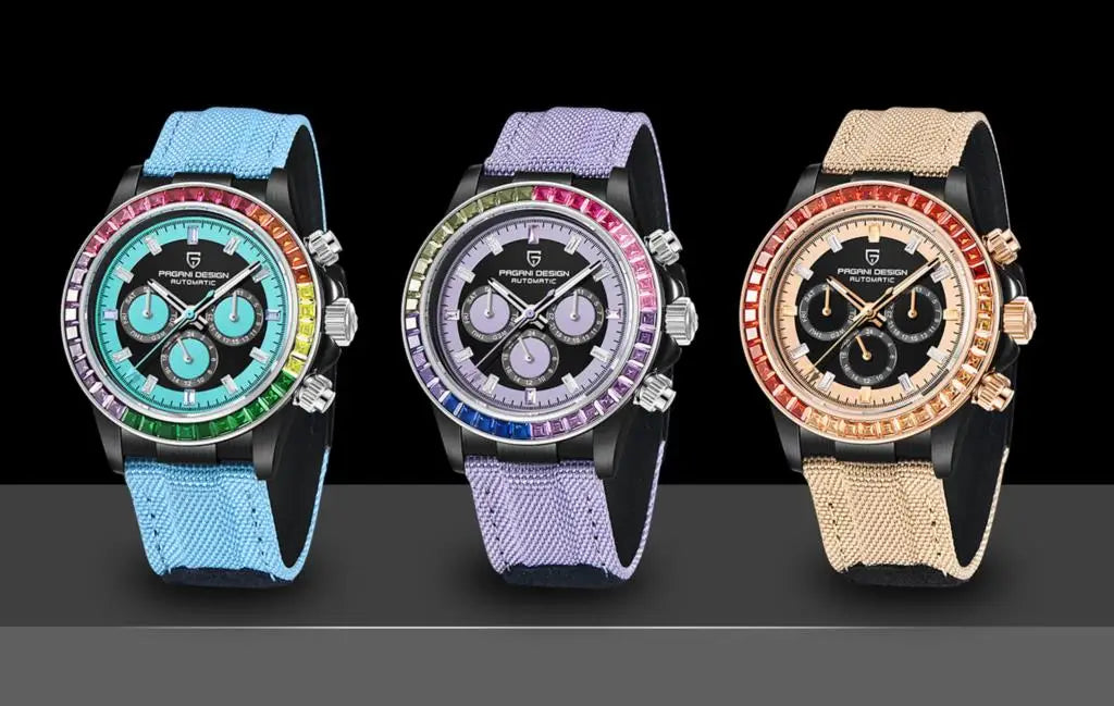 PAGANI DESIGN Orologio meccanico da uomo di lusso 40mm Orologio con cronometraggio multifunzionale Lunetta arcobaleno Vetro zaffiro Orologi da uomo PD1732