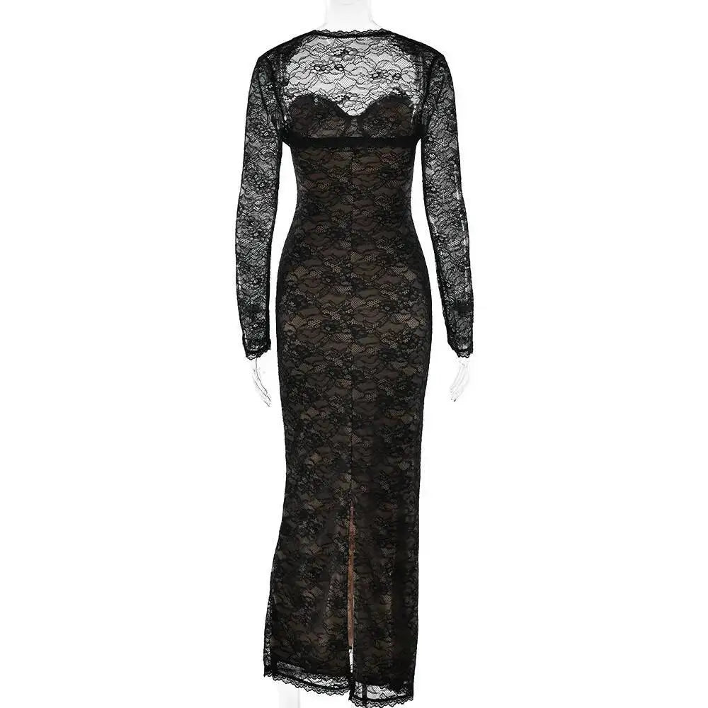 Townlike pizzo sottile aderente maxi abito lungo donna 2025 estate autunno inverno abito discoteca abiti da festa sexy con fodera a scialle